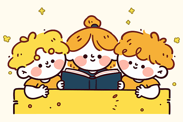 여자 남자 어린이 일러스트 학교 함께함 미소 소녀 소년 상반신 책 세명 친구 독서 잡기 책상 어린이만 국내일러스트 AI파일 교육 가구 컨셉 관계 모션 표정 사람 파일형식 벡터