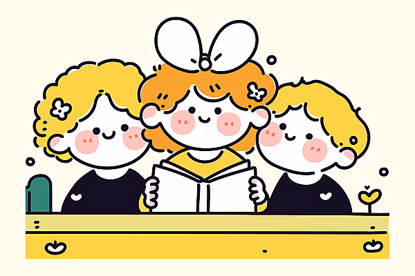 여자 남자 리본 어린이 일러스트 함께함 미소 소녀 소년 상반신 책 세명 친구 독서 잡기 책상 어린이만 국내일러스트 AI파일 가구 컨셉 관계 모션 표정 사람 파일형식 벡터