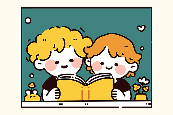 여자 남자 꽃 화분 어린이 일러스트 함께함 미소 소녀 소년 상반신 두명 책 친구 독서 잡기 도서관 책상 어린이만 국내일러스트 AI파일 식물 교육 가구 컨셉 관계 모션 표정 사람 파일형식 벡터
