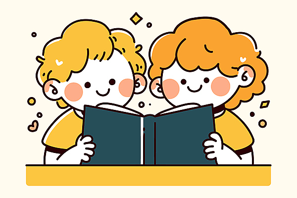 여자 남자 어린이 일러스트 학교 함께함 미소 소녀 소년 상반신 두명 책 친구 반짝임 독서 잡기 책상 어린이만 국내일러스트 AI파일 교육 가구 컨셉 관계 모션 표정 사람 파일형식 벡터