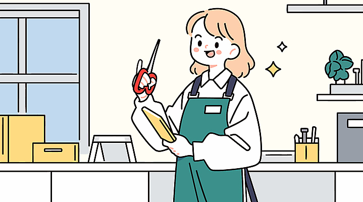 여자 종이 일러스트 창문 한명 미소 들기 상반신 성인 반짝임 상자 앞치마 작업실 가위질 성인여자한명만 국내일러스트 AI파일 1 모션 가위_도구 표정 사람 여자한명만 성인여자만 파일형식 벡터