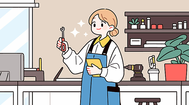 식물 여자 화분 일러스트 선반 한명 미소 들기 상반신 성인 반짝임 모니터 앞치마 스패너 작업실 전동드릴 성인여자한명만 국내일러스트 AI파일 1 가구 모션 표정 사람 컴퓨터 공구 드릴 여자한명만 성인여자만 파일형식 벡터