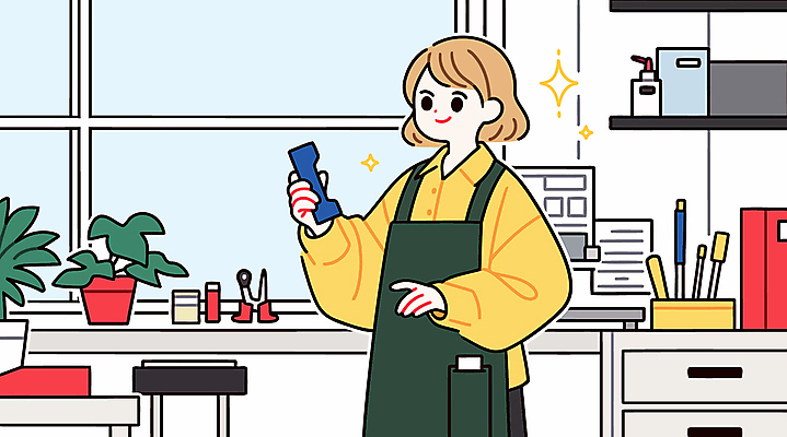 식물 여자 화분 일러스트 한명 미소 들기 상반신 성인 반짝임 앞치마 도구 작업실 성인여자한명만 국내일러스트 AI파일 1 모션 표정 사람 여자한명만 성인여자만 파일형식 벡터