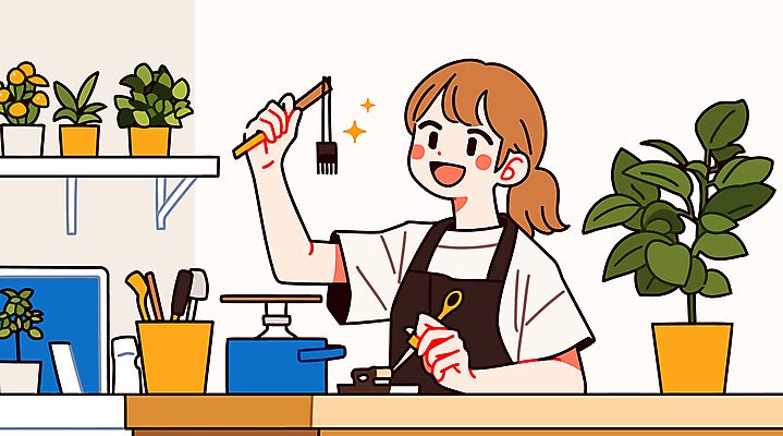 여자 화분 잎 일러스트 한명 미소 들기 상반신 성인 앞치마 도구 작업실 책상 성인여자한명만 국내일러스트 AI파일 식물 1 가구 모션 표정 사람 여자한명만 성인여자만 파일형식 벡터