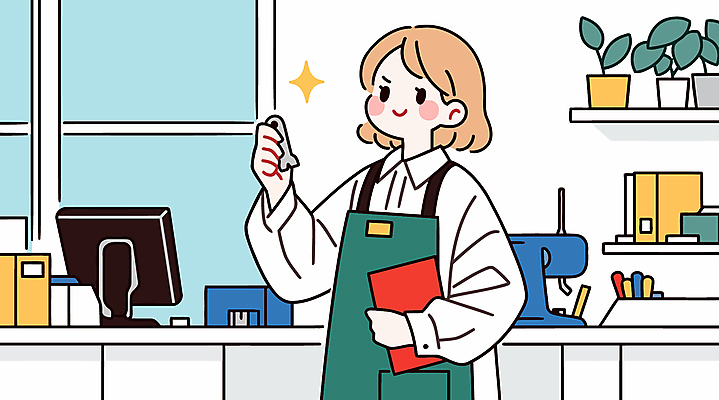 여자 화분 잎 일러스트 창문 한명 미소 들기 상반신 성인 반짝임 모니터 앞치마 작업실 재봉틀 성인여자한명만 국내일러스트 AI파일 식물 1 모션 표정 사람 컴퓨터 여자한명만 성인여자만 파일형식 벡터