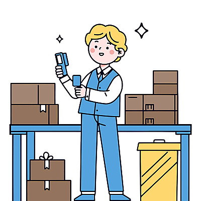 남자 유니폼 일러스트 작업복 한명 미소 성인 반짝임 쌓기 직원 택배상자 성인남자한명만 물류센터 국내일러스트 AI파일 1 옷 모션 표정 사람 상자 택배 남자한명만 성인남자만 파일형식 벡터