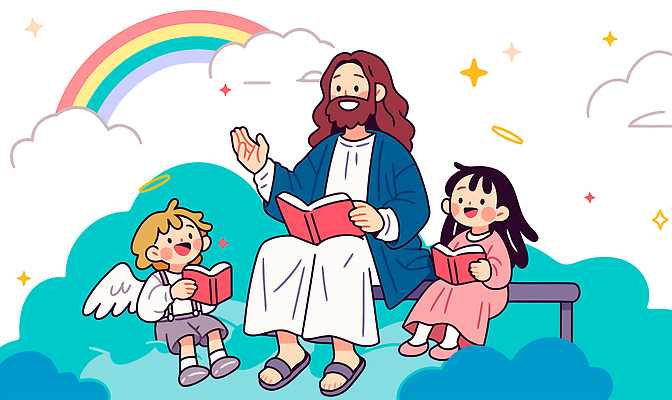 전신 구름 여자 남자 기독교 어린이 무지개 의자 일러스트 미소 들기 앉기 소녀 소년 성인 책 세명 반짝임 독서 손들기 믿음 성경 예수 천사날개 국내일러스트 AI파일 자연요소 감정 종교 가구 날개 종교용품 모션 천사 표정 사람 신_종교 파일형식 벡터