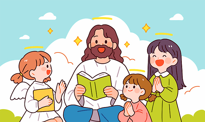 구름 여자 남자 기독교 어린이 일러스트 미소 들기 앉기 소녀 여러명 성인 책 반짝임 독서 믿음 성경 풀 예수 손모으기 천사날개 국내일러스트 AI파일 자연요소 식물 감정 종교 다수 날개 종교용품 모션 천사 표정 사람 손짓 신_종교 파일형식 벡터
