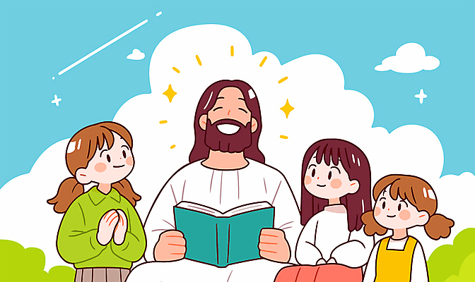 구름 여자 남자 기독교 어린이 일러스트 미소 들기 앉기 소녀 여러명 성인 책 반짝임 독서 믿음 성경 풀 예수 손모으기 국내일러스트 AI파일 자연요소 식물 감정 종교 다수 종교용품 모션 표정 사람 손짓 신_종교 파일형식 벡터