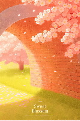 PSD 꽃잎 분홍색 일러스트 그림자 잔디 사람없음 햇빛 봄풍경 벚나무 아치교 국내일러스트 나무 식물 꽃 컬러 풍경 태양 봄 벚꽃 다리_건축물 파일형식