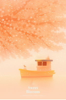 PSD 꽃잎 호수 일러스트 조류 사람없음 봄풍경 보트 벚나무 살구색 국내일러스트 나무 동물 꽃 컬러 배_교통 풍경 봄 벚꽃 파일형식