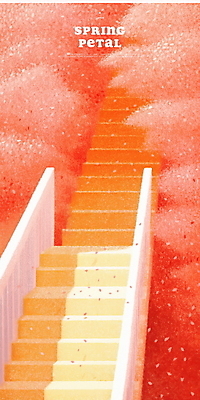 PSD 꽃잎 일러스트 그림자 사람없음 햇빛 계단 봄풍경 벚나무 다홍색 국내일러스트 나무 꽃 컬러 풍경 태양 봄 벚꽃 파일형식