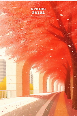 PSD 꽃잎 일러스트 그림자 사람없음 햇빛 봄풍경 산책로 터널 벚나무 아치 다홍색 국내일러스트 나무 꽃 길 컬러 풍경 태양 봄 벚꽃 파일형식