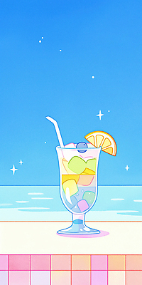 JPG 바다 하늘색 일러스트 하늘 빨대 사람없음 반짝임 여름풍경 과일주스 레몬 각얼음 레몬장식 음료수컵 청량 국내일러스트 AI일러스트 AI콘텐츠 과일 모션 풍경 장식 컵 파란색 얼음 주스 파일형식 여름_계절