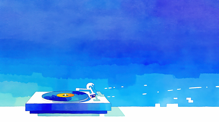 JPG 일러스트 밤하늘 수채화 사람없음 파란색 레코드플레이어 국내일러스트 AI일러스트 AI콘텐츠 컬러 하늘 야간 파일형식