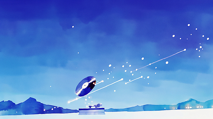 JPG 일러스트 밤하늘 수채화 산 사람없음 파란색 빛 유성 레코드플레이어 국내일러스트 AI일러스트 AI콘텐츠 컬러 하늘 야간 파일형식