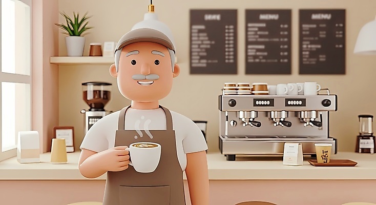 JPG 편집이미지 노년 남자 화분 창문 조명 선반 한명 미소 들기 상반신 노후 3D 앞치마 카페 머그컵 커피잔 종이컵 커피메이커 메뉴판 바리스타 라떼아트 베이지색 카페라떼 캡모자 노인남자한명만 원두봉투 편집3D AI컴퓨터그래픽 AI콘텐츠 직업 모자_잡화 1 커피 컬러 가구 모션 봉투 잔 표정 사람 성인 컵 상점 일회용 디지털합성 그림 라떼 커피용품 남자한명만 노인남자만 파일형식