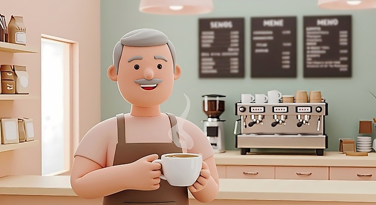 JPG 편집이미지 노년 남자 조명 선반 한명 미소 들기 상반신 노후 3D 앞치마 카페 머그컵 수증기 커피잔 커피메이커 서랍장 메뉴판 바리스타 라떼 베이지색 노인남자한명만 원두봉투 편집3D AI컴퓨터그래픽 AI콘텐츠 직업 1 커피 컬러 가구 모션 봉투 잔 표정 사람 성인 컵 상점 디지털합성 커피용품 남자한명만 노인남자만 파일형식