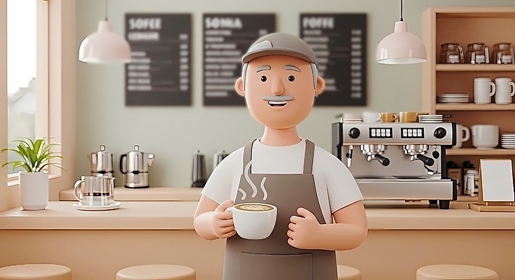 JPG 편집이미지 노년 남자 화분 의자 창문 조명 책장 한명 미소 들기 상반신 노후 3D 앞치마 카페 머그컵 커피잔 커피메이커 메뉴판 라떼아트 베이지색 캡모자 모카포트 노인남자한명만 편집3D AI컴퓨터그래픽 AI콘텐츠 모자_잡화 1 커피 컬러 가구 모션 주전자 잔 표정 사람 성인 컵 상점 디지털합성 그림 라떼 커피용품 남자한명만 노인남자만 파일형식