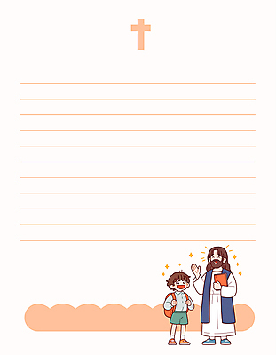 전신 남자 기독교 어린이 십자가 일러스트 책가방 웃음 들기 소년 성인 두명 책 반짝임 손들기 잡기 예수 편지지 살구색 남자만 카피스페이스 주일학교 국내일러스트 AI파일 종교 컬러 가방 학교 모션 표정 사람 공백 신_종교 편지 파일형식 벡터