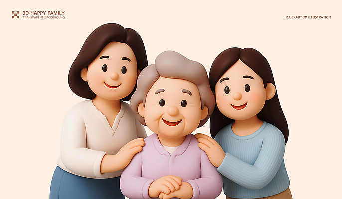 PSD 편집이미지 여자 노년 행복 가족 청소년 미소 상반신 성인 세명 3D 화목 삼대 손모으기 살구색 여자만 어깨에손 편집3D 감정 컬러 컨셉 관계 모션 표정 사람 손짓 디지털합성 파일형식