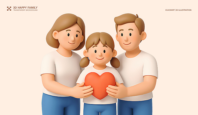 PSD 편집이미지 여자 남자 행복 어린이 가족 미소 들기 소녀 성인 세명 3D 화목 하트 살구색 편집3D 모양 감정 컬러 컨셉 관계 모션 표정 사람 디지털합성 파일형식