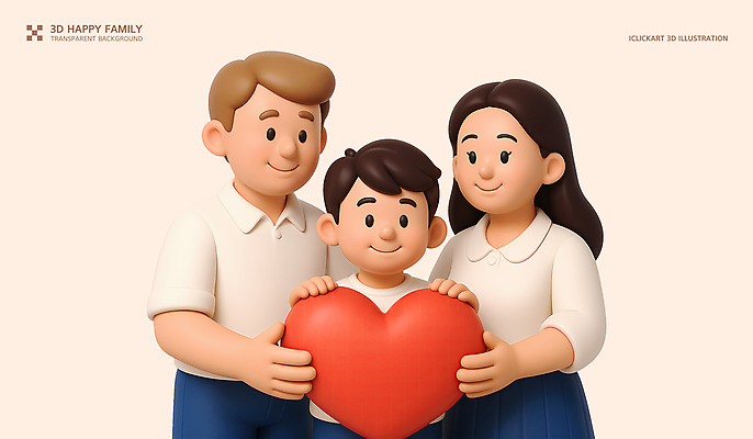 PSD 편집이미지 여자 남자 행복 어린이 가족 미소 들기 소년 상반신 성인 세명 3D 화목 하트 살구색 편집3D 모양 감정 컬러 컨셉 관계 모션 표정 사람 디지털합성 파일형식