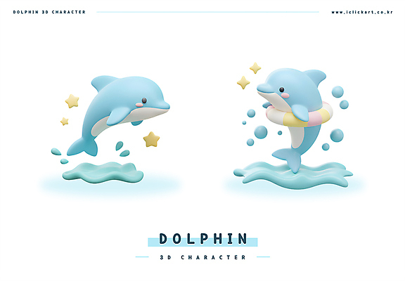 PSD 편집이미지 하늘색 두마리 3D캐릭터 미소 사람없음 반짝임 3D 귀여움 점프 물방울 돌고래 웅덩이 튜브 편집3D 캐릭터 컨셉 2 포유류 모션 표정 파란색 수중동물 디지털합성 파일형식