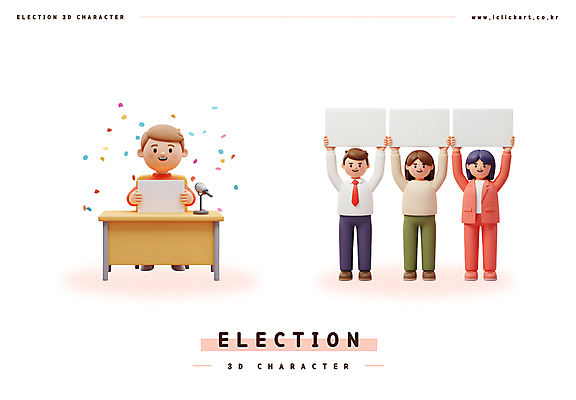 전신 PSD 편집이미지 여자 남자 탁자 3D캐릭터 들기 여러명 성인 3D 만세 팻말 발표 결과 투표 선거 책상 마이크 꽃가루 단상 성인만 편집3D 캐릭터 음향기기 가구 다수 컨셉 모션 프레임 사람 가루 민주주의 디지털합성 파일형식
