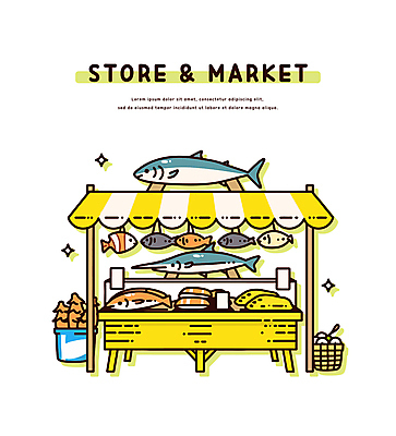 일러스트 어류 사람없음 반짝임 상점 그물 양동이 가판대 생선가게 생선묵 차양막 국내일러스트 AI파일 모션 수중동물 차양 파일형식 벡터