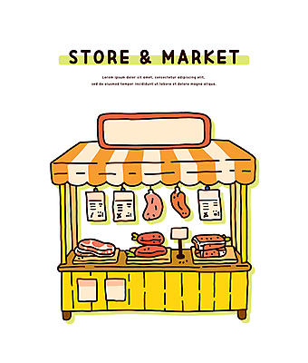 일러스트 창문 도마 생고기 사람없음 노란색 상점 가격표 가판대 정육점 국내일러스트 AI파일 컬러 주방용품 육류 파일형식 벡터