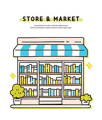 화분 하늘색 일러스트 창문 책장 사람없음 책 반짝임 문 상점 풀 서점 차양막 국내일러스트 AI파일 식물 가구 모션 파란색 차양 파일형식 벡터