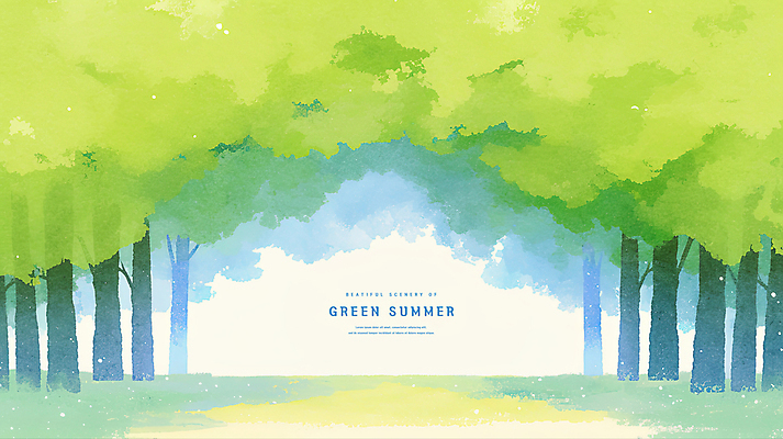 PSD 나무 일러스트 수채화 사람없음 연두색 여름풍경 풀 숲 숲길 국내일러스트 식물 길 풍경 초록색 파일형식 여름_계절