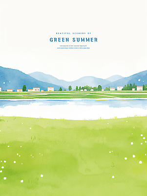 PSD 나무 일러스트 수채화 산 주택 논 초원 사람없음 연두색 마을 여름풍경 풀 강가 국내일러스트 식물 농업 풍경 건물 초록색 강 파일형식 여름_계절