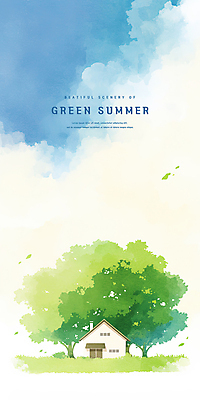 PSD 나무 구름 하늘색 일러스트 하늘 수채화 주택 초원 사람없음 연두색 여름풍경 풀 국내일러스트 자연요소 식물 풍경 건물 초록색 파란색 파일형식 여름_계절