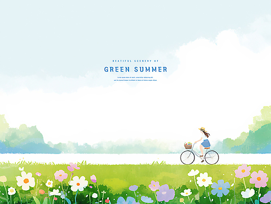 PSD 구름 여자 꽃 하늘색 일러스트 하늘 수채화 한명 잔디 성인 자전거 여름풍경 풀 승차 챙모자 성인여자한명만 국내일러스트 자연요소 식물 모자_잡화 1 모션 사람 풍경 파란색 바이크 여자한명만 성인여자만 파일형식 여름_계절