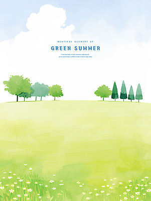 PSD 나무 구름 꽃 일러스트 하늘 수채화 초원 사람없음 연두색 여름풍경 풀 언덕 국내일러스트 자연요소 식물 풍경 초록색 파일형식 여름_계절
