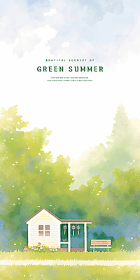 PSD 나무 구름 벤치 일러스트 하늘 수채화 주택 잔디 사람없음 연두색 여름풍경 풀 국내일러스트 자연요소 식물 의자 풍경 건물 초록색 파일형식 여름_계절