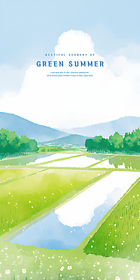 PSD 나무 구름 꽃 하늘색 일러스트 하늘 수채화 산 논 잔디 사람없음 연두색 여름풍경 풀 국내일러스트 자연요소 식물 농업 풍경 초록색 파란색 파일형식 여름_계절
