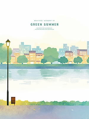 PSD 나무 길 가로등 일러스트 수채화 주택 사람없음 연두색 빛 반사 마을 여름풍경 풀 강가 국내일러스트 식물 공공시설 풍경 건물 초록색 강 파일형식 여름_계절