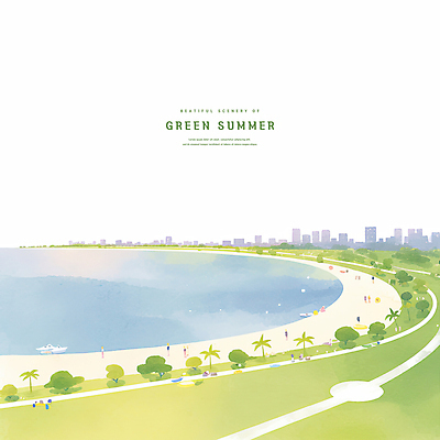 전신 PSD 나무 길 바다 일러스트 수채화 사람 초원 여러명 해변 건물 연두색 모래사장 여름풍경 풀 보트 군중 국내일러스트 식물 건축물 다수 배_교통 풍경 초록색 파일형식 여름_계절