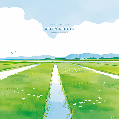 PSD 구름 꽃 일러스트 하늘 수채화 산 논 사람없음 연두색 여름풍경 풀 새떼 국내일러스트 자연요소 식물 농업 조류 풍경 초록색 파일형식 여름_계절