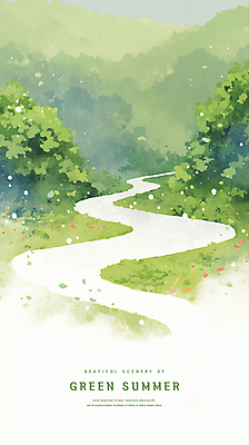 PSD 일러스트 수채화 산 사람없음 연두색 여름풍경 풀 숲길 국내일러스트 식물 길 풍경 초록색 파일형식 여름_계절