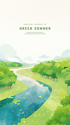 PSD 나무 구름 일러스트 수채화 잔디 사람없음 연두색 여름풍경 풀 강가 연잎 국내일러스트 자연요소 식물 잎 풍경 초록색 강 파일형식 여름_계절