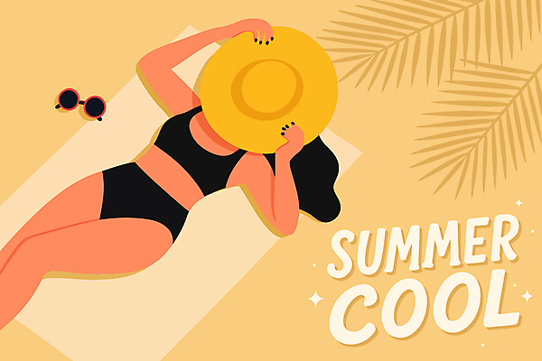 여자 수영복 일러스트 한명 성인 여름 반짝임 선글라스 눕기 노란색 잡기 시원함 선베드 덮기 비치모자 열대잎 성인여자한명만 국내일러스트 AI파일 모자_잡화 1 옷 계절 안경 컬러 잎 의자 모션 사람 여자한명만 성인여자만 파일형식 벡터