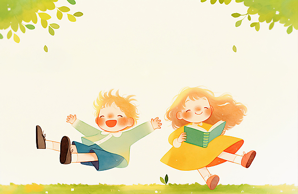 JPG 전신 여자 남자 어린이 일러스트 팔벌리기 나뭇잎 미소 웃음 들기 소녀 소년 잔디 두명 책 독서 점프 어린이만 국내일러스트 AI일러스트 AI콘텐츠 식물 잎 모션 표정 사람 파일형식