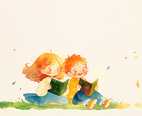 JPG 전신 여자 남자 어린이 일러스트 나뭇잎 미소 들기 앉기 소녀 소년 잔디 두명 책 독서 어린이만 국내일러스트 AI일러스트 AI콘텐츠 식물 잎 모션 표정 사람 파일형식