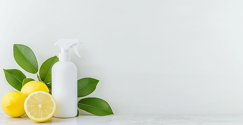 JPG 편집이미지 단면 나뭇잎 사람없음 깨끗함 청결 흰색 레몬 스프레이 세제용품 편집실사 AI포토 AI콘텐츠 컬러 생활용품 컨셉 잎 과일 위생 CG 파일형식