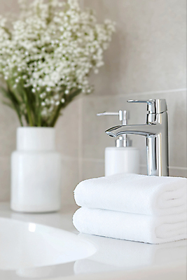 JPG 편집이미지 화분 사람없음 수건 위생용품 깨끗함 청결 회색 세면대 수도꼭지 화장실 안개꽃 타일벽 편집실사 AI포토 AI콘텐츠 꽃 벽 컬러 생활용품 컨셉 위생 CG 한해살이풀 파일형식