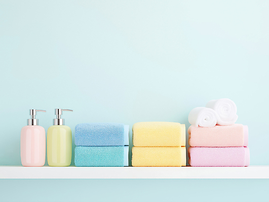 JPG 편집이미지 선반 사람없음 수건 위생용품 깨끗함 청결 민트색 편집실사 AI포토 AI콘텐츠 컬러 가구 생활용품 컨셉 위생 CG 파일형식